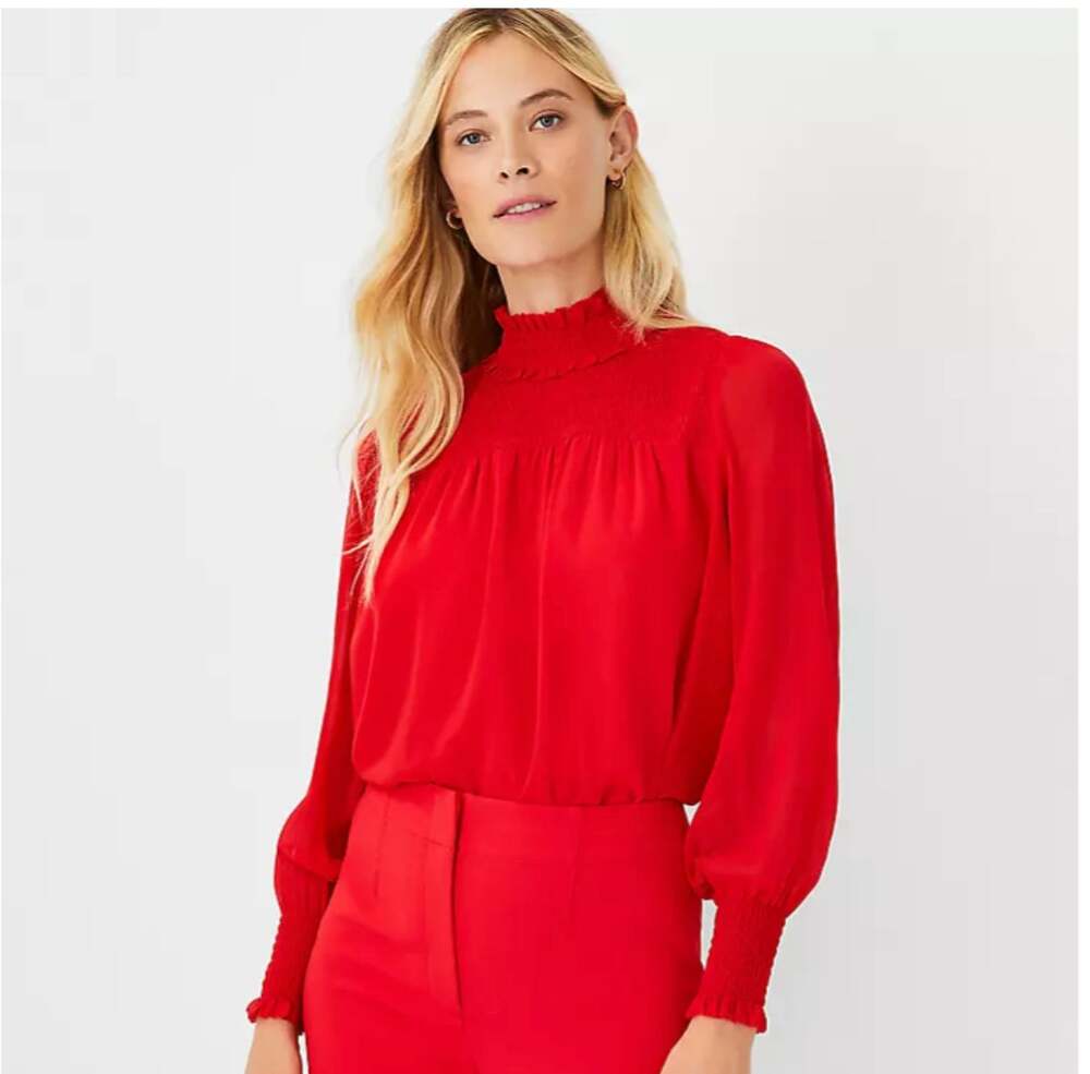 ANN TAYLOR Red Smocked Ruffle Neck Blouse // L